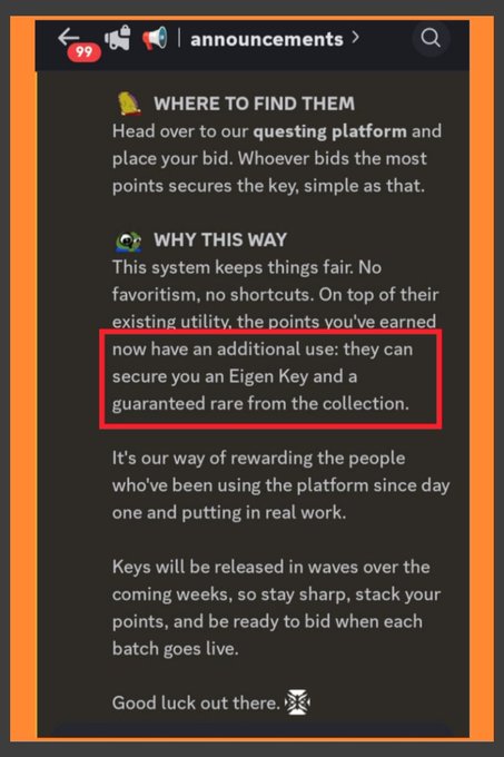 The image shows a phone screen with an orange background, displaying a message about Eigen Key bidding. The text on the screen explains that the Eigen Key has been released for bidding, and users can bid on it using their Quip points. The message also mentions that there is a contest going on where users can win the Eigen Key if they bid correctly within a specific time frame.