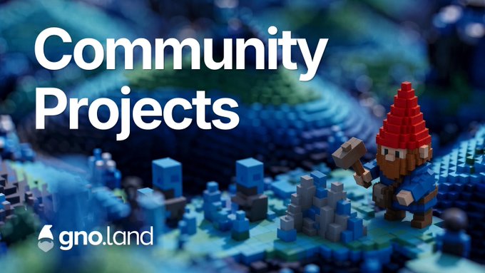 A promotional graphic for gno.land featuring the bold text "Community Projects" alongside a whimsical scene of LEGO-style block figures, including a gnome with a red hat and hammer, set against a blue brick landscape. The LEGO gnome imagery visually ties to the campaign's invitation to share community-built apps on Gno.land via their new Telegram channel.