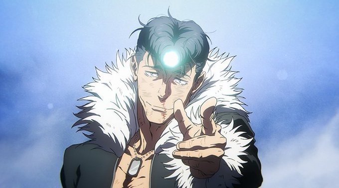 An anime character with dark hair, glowing eyes, and a furry white collar reaches forward against a blue sky background.