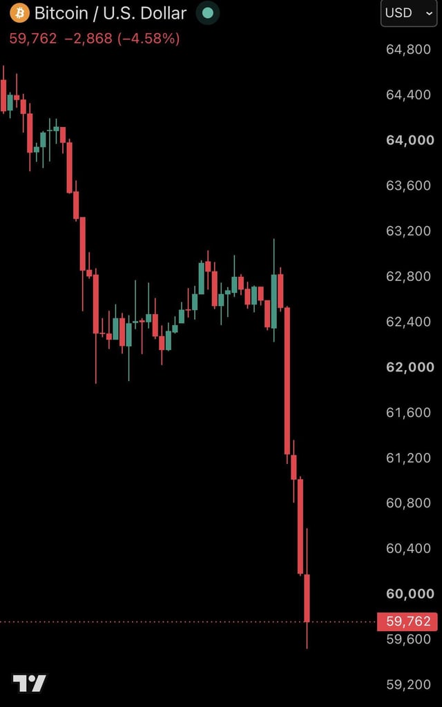 The image shows a black screen displaying a Bitcoin price graph with several red lines indicating fluctuations over time. The Bitcoin value has been dropping, reaching a point where it is below $60,000 for the first time this month. This information is provided in a separate caption that says "BREAKING: Bitcoin falls below $60,000, now down nearly -20% this month." Focus on how these two pieces of information are related and what implications they might have on those interested in investing or using Bitcoin as an investment.