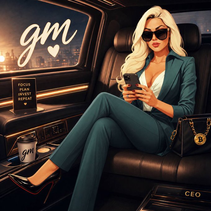 An AI-generated illustration of a blonde woman in a teal pantsuit and sunglasses sitting in the back of a luxury car, checking her phone, with 'gm' and a heart on the window, and a sign reading 'FOCUS PLAN INVEST REPEAT'.