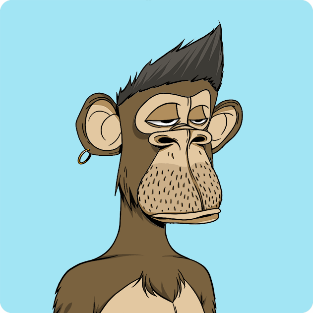A cartoon illustration of a brown ape-like character with a mohawk, large ears with a gold earring, and a tired expression against a light blue background.