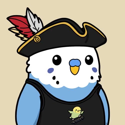 An illustration of a white cartoon bird wearing a pirate hat with feathers and a black apron featuring a small chick on a skateboard.
