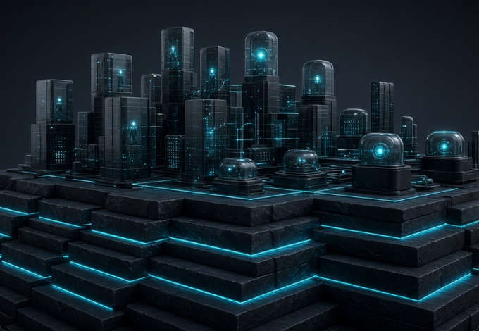 A digital artwork depicting a futuristic cyberpunk cityscape with dark towers featuring glowing cyan lights, set on a tiered platform with neon blue strips.