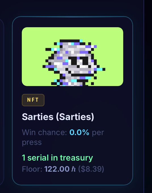 An NFT listing card for "Sarties (Sarties)" showing a pixelated glitch-style character on a green background, with a 0.0% win chance per press, 1 serial in treasury, and a floor price of 122.00 h ($8.39).