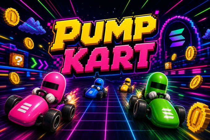 The image features a poster for a game called PumpKart with three colorful cars driving down a neon-lit track. The background of the poster has a futuristic design, giving the impression that they are racing in outer space or through a neon-filled cityscape. The text on the poster reads "PumpKart" and "Solana", indicating the game's title and platform it is available for. The cars are depicted as cartoon characters with unique features, adding to the overall appeal of the game.