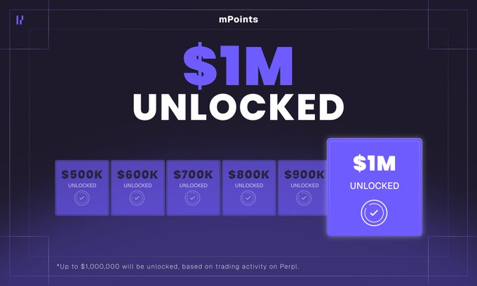 The image displays the FleetStash mPoints campaign dashboard showing tiered rewards from $200K to $900K all marked as "UNLOCKED," with the $1M tier prominently highlighted in the center under the headline "FleetStash - Daily idea cards. One at a time. No infinite scroll." The footnote confirms "Up to $1,000,000 will be unlocked, based on trading activity on Perpl," visually reinforcing the announcement that the full $1,000,000 mPoint rewards pool has been reached through trading activity on Perpl.