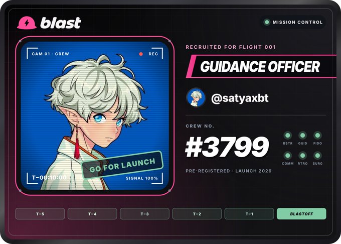 The image shows a Blast mission control interface confirming recruitment as "Guidance Officer" for Flight 001, with crew number #3799 and the handle @satyxbt displayed alongside an anime-style crew member avatar. It serves as visual proof of the user's pre-registration on the Blast launchpad platform, aligning with the post about joining this new Sui-based launchpad that links X accounts to tokens.