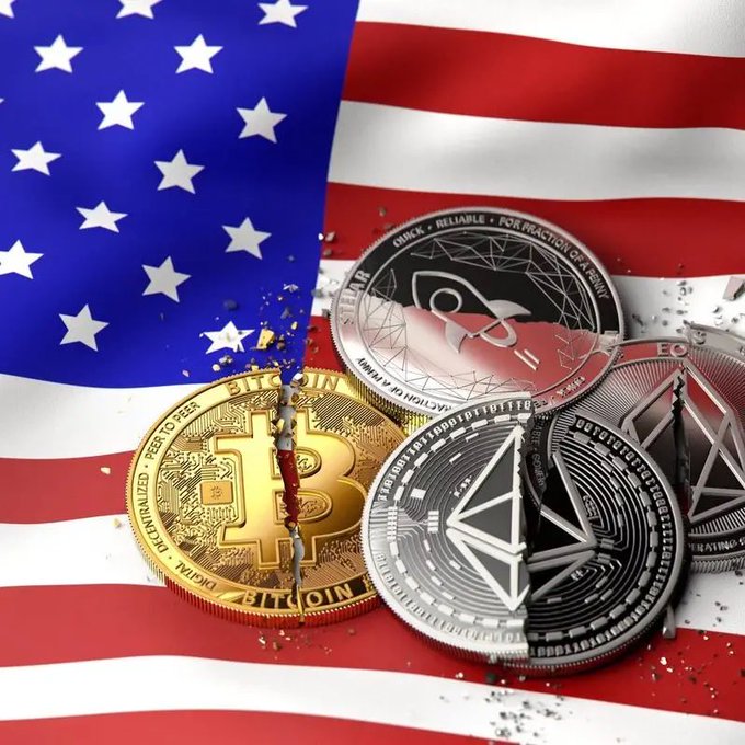 A cracked Bitcoin coin and silver crypto tokens rest on an American flag, symbolizing the tension between decentralized cryptocurrencies and US-dollar-backed stablecoins like USDT and USDC referenced in the post. The fractured gold coin visually represents the shifting narrative from Bitcoin as the flagship crypto to stablecoins reinforcing dollar dominance.