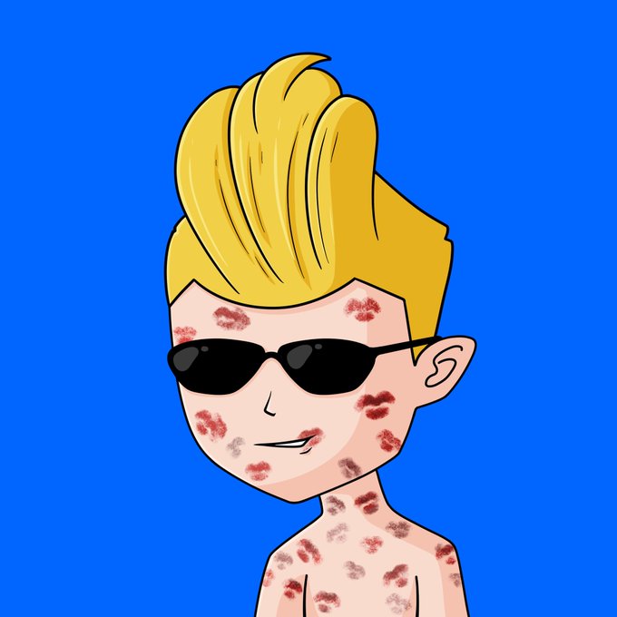 A cartoon-style drawing of a blonde boy wearing black sunglasses, with red lipstick kiss marks scattered across his face and neck against a blue background.