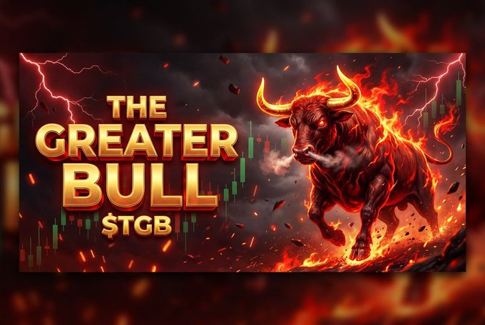 A fiery, lightning-streaked bull charges through flames against a dark backdrop, with gold text reading "THE GREATER BULL $TGB" displayed prominently alongside a rising green candlestick chart, symbolizing the coin's bullish momentum and community-driven energy.