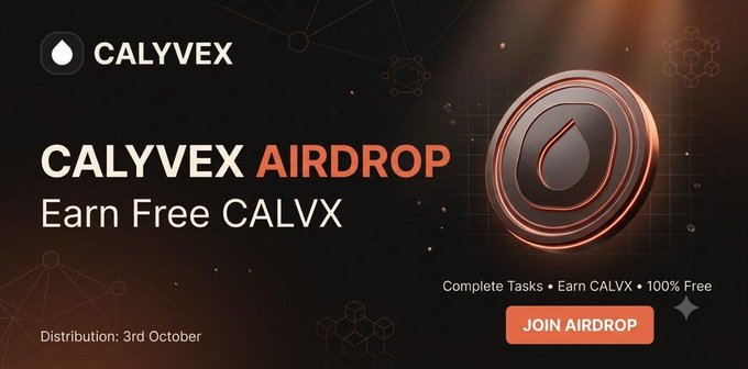 The image is a promotional banner for the Calyvex airdrop, featuring a sleek dark design with the Calyvex logo and a large 3D-rendered coin displaying the project’s emblem. Key text reads “CALYVEX AIRDROP – Earn Free CALVX,” with additional details noting “Distribution: 3rd October,” “Complete Tasks • Earn CALVX • 100% Free,” and a prominent orange “JOIN AIRDROP” button, directly reinforcing the accompanying post about the 21,000,000 CALVX reward pool.