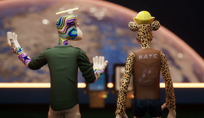 A 3D rendered scene showing two figures facing a large globe: one wearing a colorful swirled mask and green jacket with raised hands, and another in a leopard-print outfit wearing a hard hat with 'BAYC' and 'ETHGIV' visible on their vest.