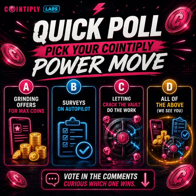 A neon-styled "Quick Poll" graphic by Cointiply Labs asks users to vote on their preferred Cointiply power move: A) Grinding offers for max coins, B) Surveys on autopilot, C) Letting Crack the Vault do the work, or D) All of the above, with a call to "Vote in the Comments" to see which option wins.