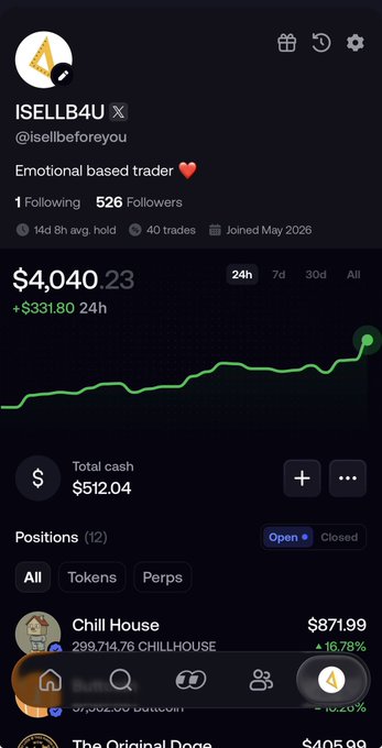 A screenshot of a trading portfolio for user @isellbeforeyou, showing a balance of $4,040.23 (+$331.80 in 24h) with 526 followers, and a positions list featuring "Chill House" at $871.99, in response to the inquiry about which coins (Rh or Sol) they hold.