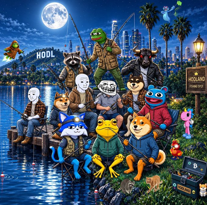 A vibrant digital illustration shows an eclectic group of internet meme characters including Pepe the Frog, Doge, Trollface, Wojak, and others fishing together at night, with the Hollywood sign modified as 'HOOL' and a sign reading 'HODLAND FISHING SPOT'.