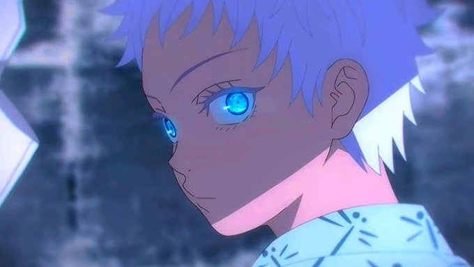 A close-up anime illustration of a character with short blue/white hair and glowing blue eyes in a dark blue-toned setting.