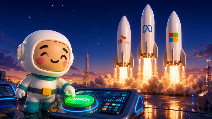A 3D animated character in a spacesuit presses a glowing green 'LAUNCH' button on a control console while three rockets, including one labeled 'SK hynix', blast off into a starry night sky behind him.