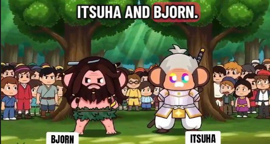 A cartoon illustration shows two characters labeled 'BJORN' (a caveman-like figure) and 'ITSUHA' (a monkey character in armor) surrounded by a crowd.