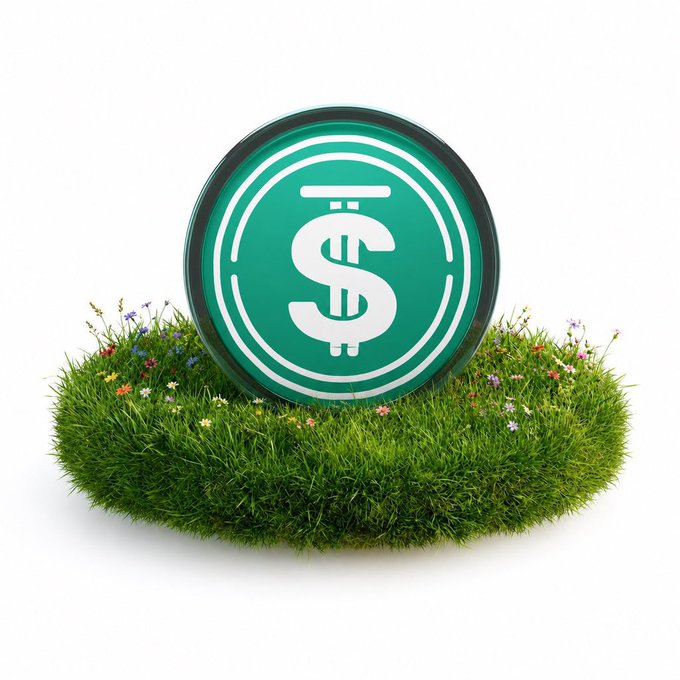A green USDC stablecoin symbol standing upright in a patch of grass with small colorful flowers, representing a digital currency growing in value.