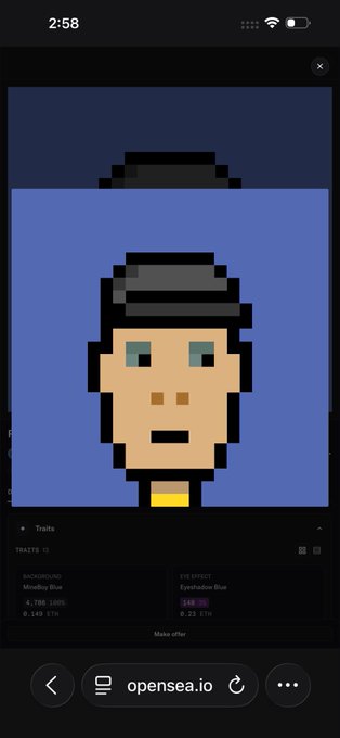 A mobile screenshot of an OpenSea.io NFT listing for 'Traits' pixel art, showing a character with a hat on a 'Mindblow Blue' background, priced at 168/360 ETH.