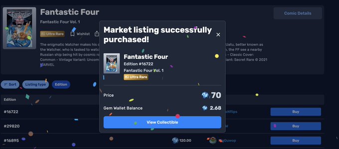 A celebratory pop-up confirms the successful purchase of "Fantastic Four Vol. 1" (Edition #16722, Ultra Rare) for 70 Gems, reducing the wallet balance to 2.69. The post highlights that this is a rare deal, specifically noted as the first ever VeVe-exclusive variant cover, matching the rare comic listing shown.