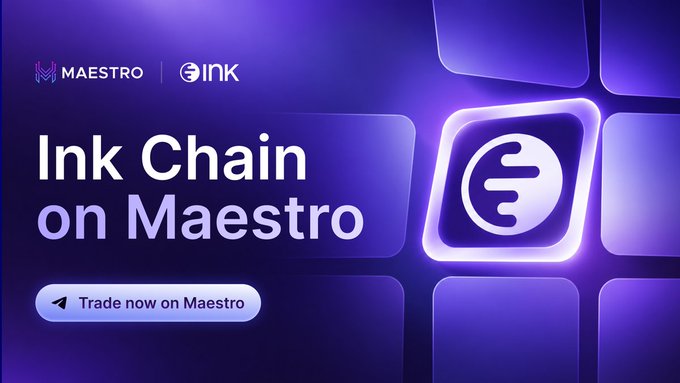 A stylized purple promotional banner featuring the Maestro and Ink logos at the top, with bold text reading "Ink Chain on Maestro" alongside a glowing Ink token icon and a "Trade now on Maestro" button. The design visually reinforces the announcement of Ink tokens becoming tradable on the Maestro platform, highlighting the new partnership between the two.