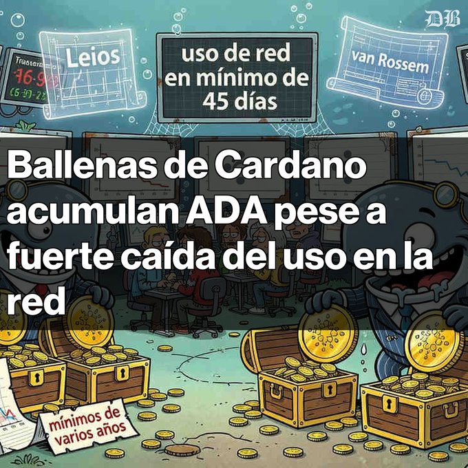 A Spanish-language illustration depicting Cardano whales accumulating ADA, with text 'Ballenas de Cardano acumulan ADA pese a fuerte caída del uso en la red' and labels including 'uso de red en mínimo de 45 días' and 'mínimos de varios años.'