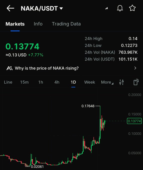 The image shows a cryptocurrency trading chart for the NAKA/USDT pair on Binance, displaying a current price of $0.13774 (up 7.77%), with a 24-hour high of $0.14 and volume of 763.967K NAKA. The chart illustrates a dramatic price spike from around $0.02061 to a peak of $0.17648, supporting the post's claim of NAKA as a top-performing gaming coin surging toward a 20-cent target alongside Bitcoin's rise past $87K.