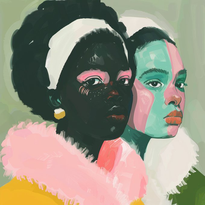 A digital painting of two stylized women in profile with bold pink and teal skin tones, set against a soft green background.
