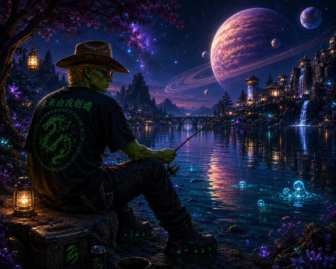 A fantasy digital artwork depicting a green-skinned figure in a cowboy hat fishing in a glowing lake at night, with a large ringed planet, multiple moons, and bioluminescent jellyfish in the water.