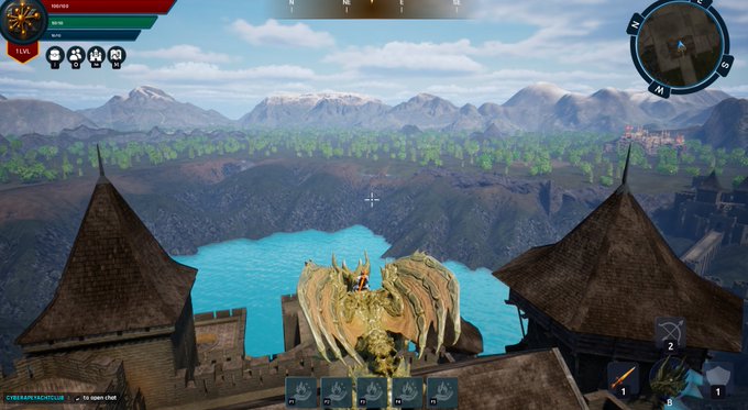 A screenshot from a video game showing a dragon character perched on a castle rooftop overlooking a lake, mountains, and forested landscape, with a user interface including a minimap and health/mana bars.