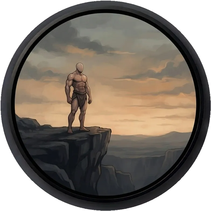 A circular framed digital painting depicting a muscular, faceless humanoid figure wearing a loincloth standing on a rocky cliff edge at sunset.