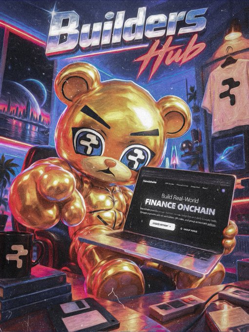Retro-futuristic digital artwork titled 'Builders Hub' depicting a golden muscular bear character working on a laptop that displays 'FINANCE ONCHAIN', surrounded by tech gadgets and merchandise.