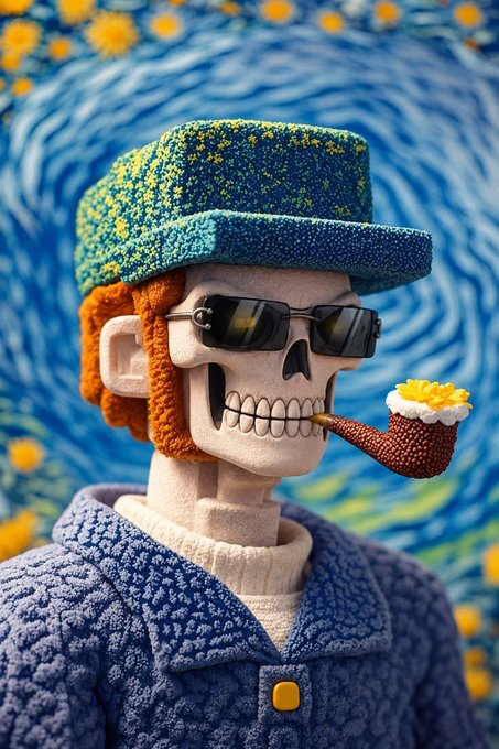 A highly textured, 3D-rendered clay-like figure of a skeleton wearing a blue starry hat, sunglasses, and a fuzzy blue jacket, smoking a pipe against a blue swirly background with yellow stars.