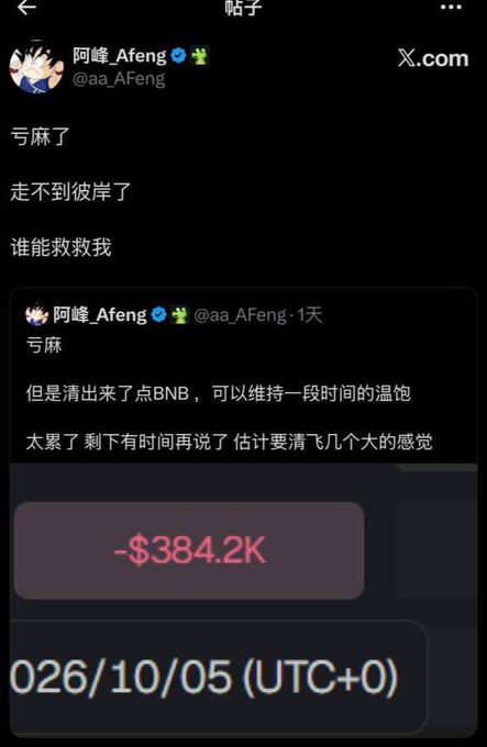 The image shows a tweet from user 阿峰_Afeng (@aa_Afeng) lamenting "WTF, can't make it to the other shore, who can save me," alongside a quoted post showing a staggering **-$384.2K loss** timestamped 2026/10/05—illustrating the accompanying caption's point that even seasoned BSC meme hunters like A Feng are getting destroyed by brutal market conditions, mocking anyone who still thinks they can outsmart the chain.