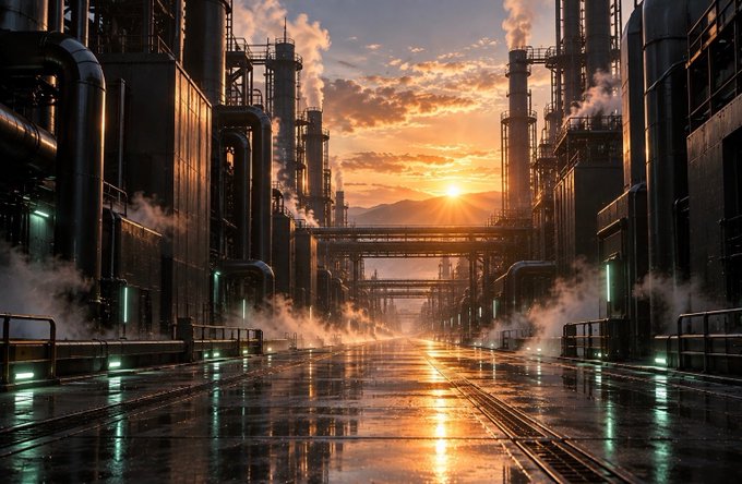 A dramatic industrial landscape at sunset, with steam rising from pipes and factory structures as the sun sets over distant mountains, casting golden reflections on the wet ground.
