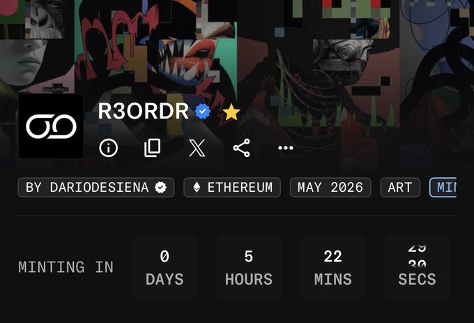 The image features a post with a screen shot of an infographic that says "Minting In" at the top, followed by various details about R3ORDR such as its creator, who has a name beginning with @Dario_Desiena, and the price per click which is 0.0069 ETH. It also mentions that there's a WL link provided for the post. The main focus of the image is R3ORDR and its related activities, showing what it looks like on a computer screen or app interface.