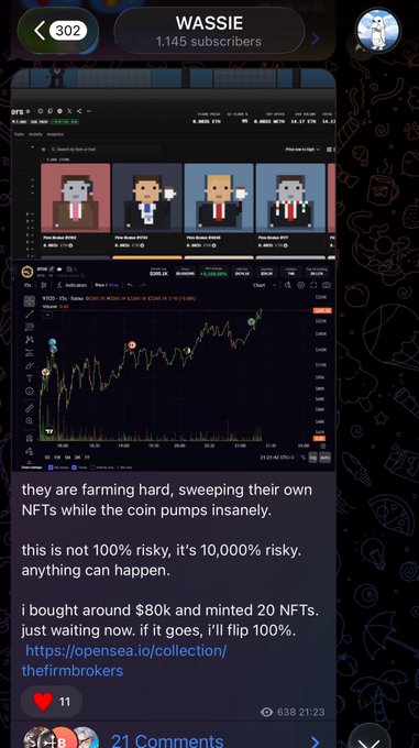 A Telegram post from WASSIE channel showing NFT pixel art characters and a crypto trading chart, with text discussing farming NFTs, a 10,000% risk warning, mentioning buying around $80k and minting 20 NFTs with a link to opensea.io.