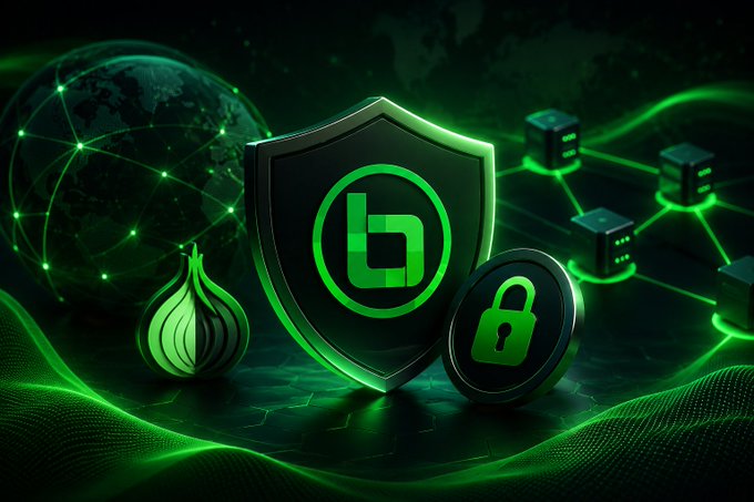 A green-themed digital graphic illustrating cybersecurity or cryptocurrency concepts, featuring a central shield with a 'b' logo, flanked by an onion (Tor browser symbol), a padlock, a globe, and interconnected server nodes.