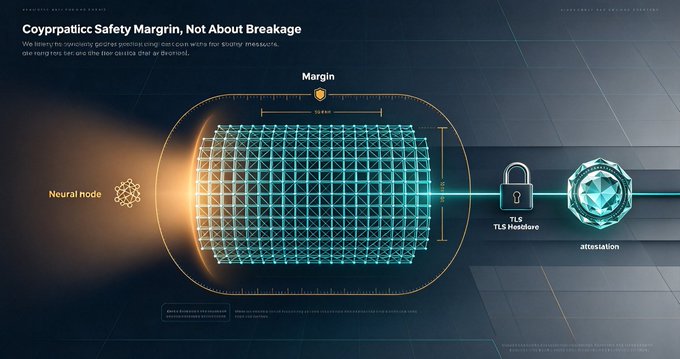 A dark-themed digital diagram titled 'Copypatatic Safety Margin, Not About Breakage' illustrates a technological process with a wireframe sphere labeled 'Margin', connecting a 'Neural node' to a padlock 'TLS TLE S Hesiordre' and a gem icon labeled 'aftssiastion'.