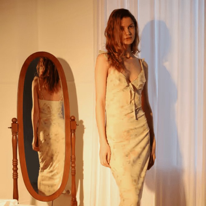 A woman with long brown hair stands in a cream-colored slip dress beside an oval floor mirror, her reflection and shadow cast against a softly lit white curtain backdrop. The melancholic, intimate atmosphere echoes the post's contemplative theme of lingering pasts and quiet introspection.