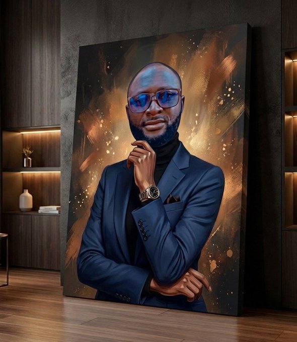 A large canvas painting leans against a wall in a modern room, depicting a stylish, bald man with a beard, wearing a blue suit, black turtleneck, and blue-tinted sunglasses.