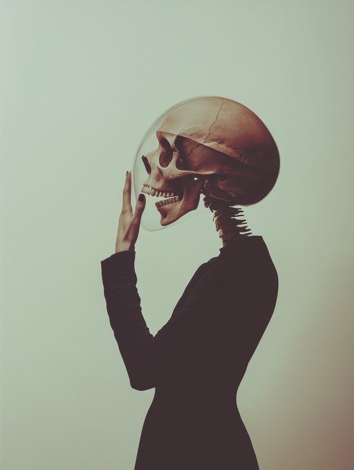 A side-profile surreal photograph depicts a figure in a black dress with a human skull seemingly held in front of their head, blending seamlessly into the neck against a pale green backdrop.