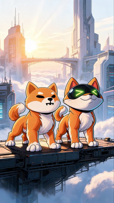 An illustration of two cartoon Shiba Inu dogs, one wearing futuristic green glowing sunglasses, standing on a platform in a cyberpunk city.