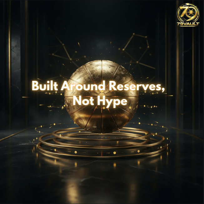 The image features a gold ball with a quote about reserves that reads "Built around reserves, not hype". The background of the image is black, which contrasts with the gold color of the ball. There are no other objects or texts present in the image.