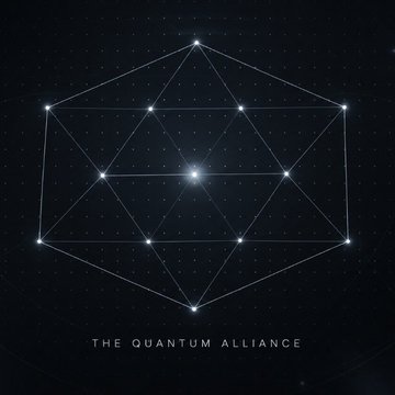 A glowing geometric star/lattice structure composed of interconnected nodes on a dark cosmic background, with the text "THE QUANTUM ALLIANCE" displayed beneath it, visually representing the cryptographic network and interlinked crypto firms forming a collaborative defense against emerging quantum computing threats to Bitcoin holdings.