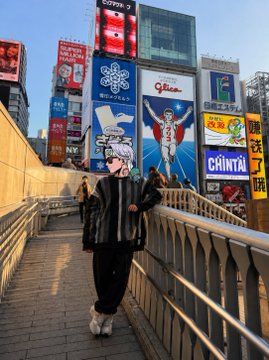 A photo of a person walking up stairs on a pedestrian bridge in Dotonbori, Osaka, Japan, wearing a dark fur coat and white boots, with famous illuminated billboards visible in the background including the Glico Running Man sign.