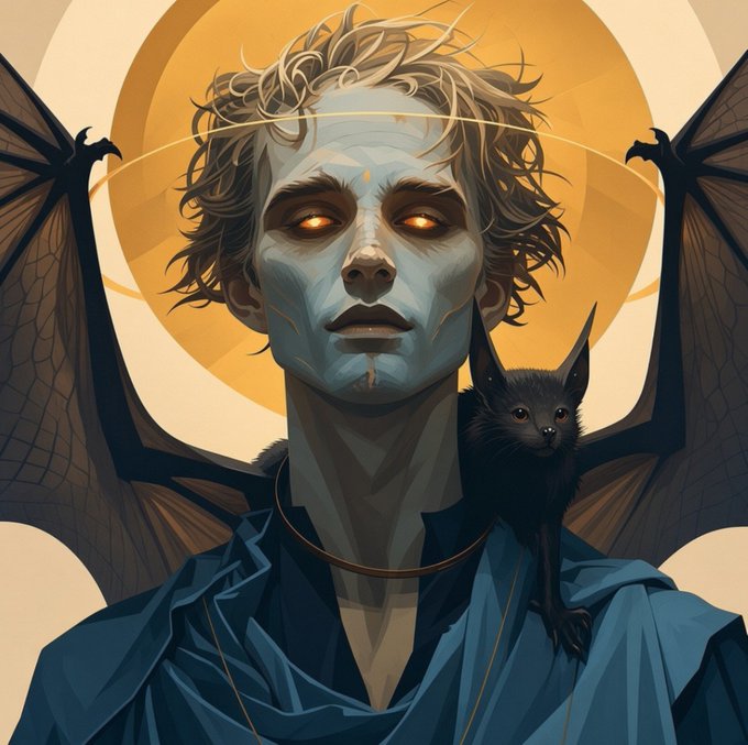 A stylized digital portrait of a pale, ethereal figure with glowing orange irises and dark wings, wearing blue draped clothing, accompanied by a small black cat perched on their shoulder against a golden circular halo.