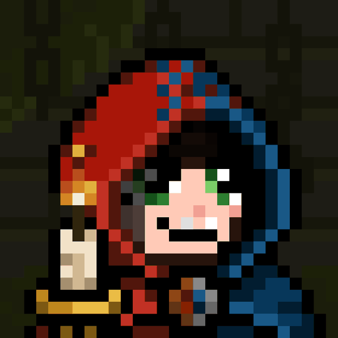 Pixel art portrait of a character with red hair, green eyes, and a blue hood/cloak against a dark background, showing an angry or intense expression.